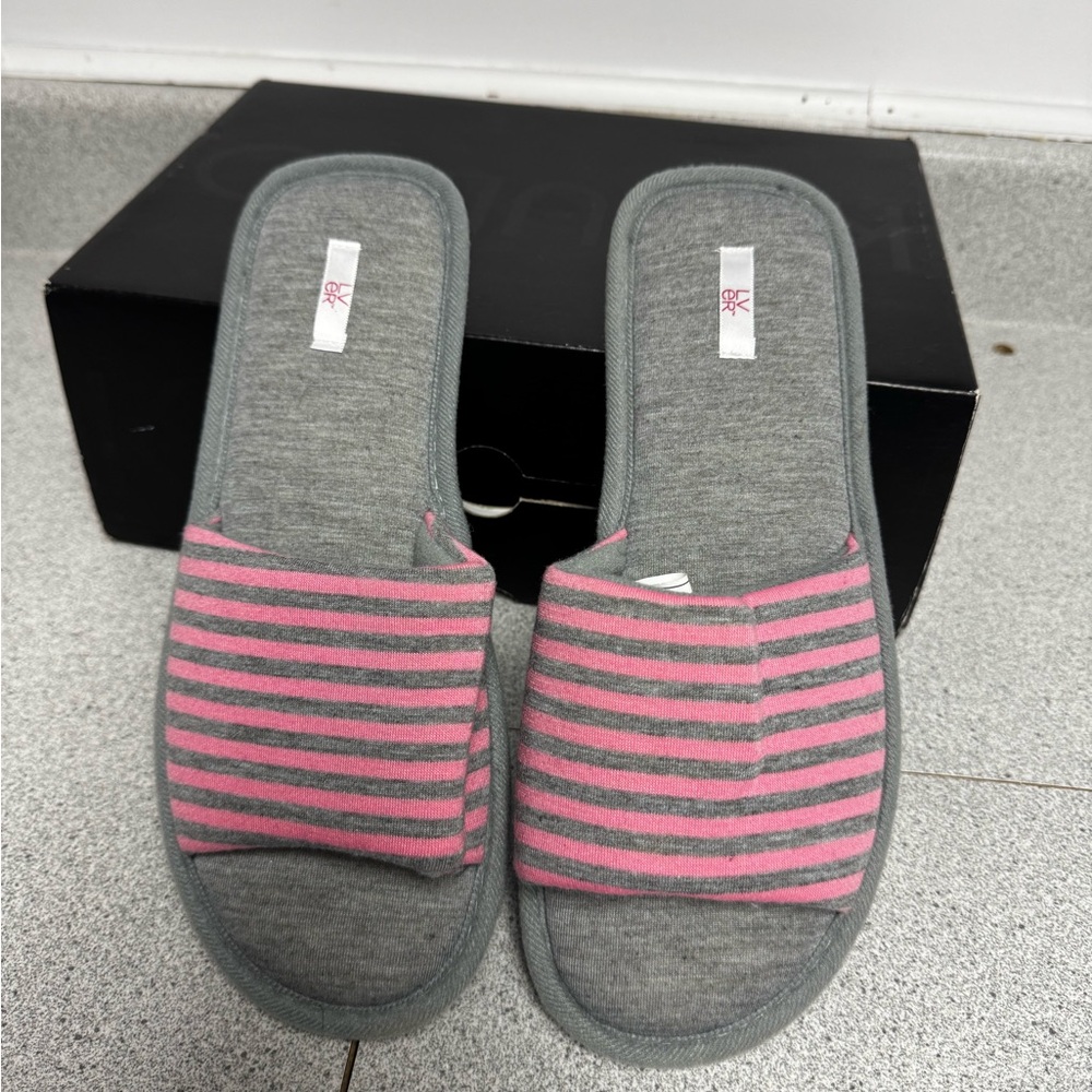 Brand new Gray and Pink Striped Slippers